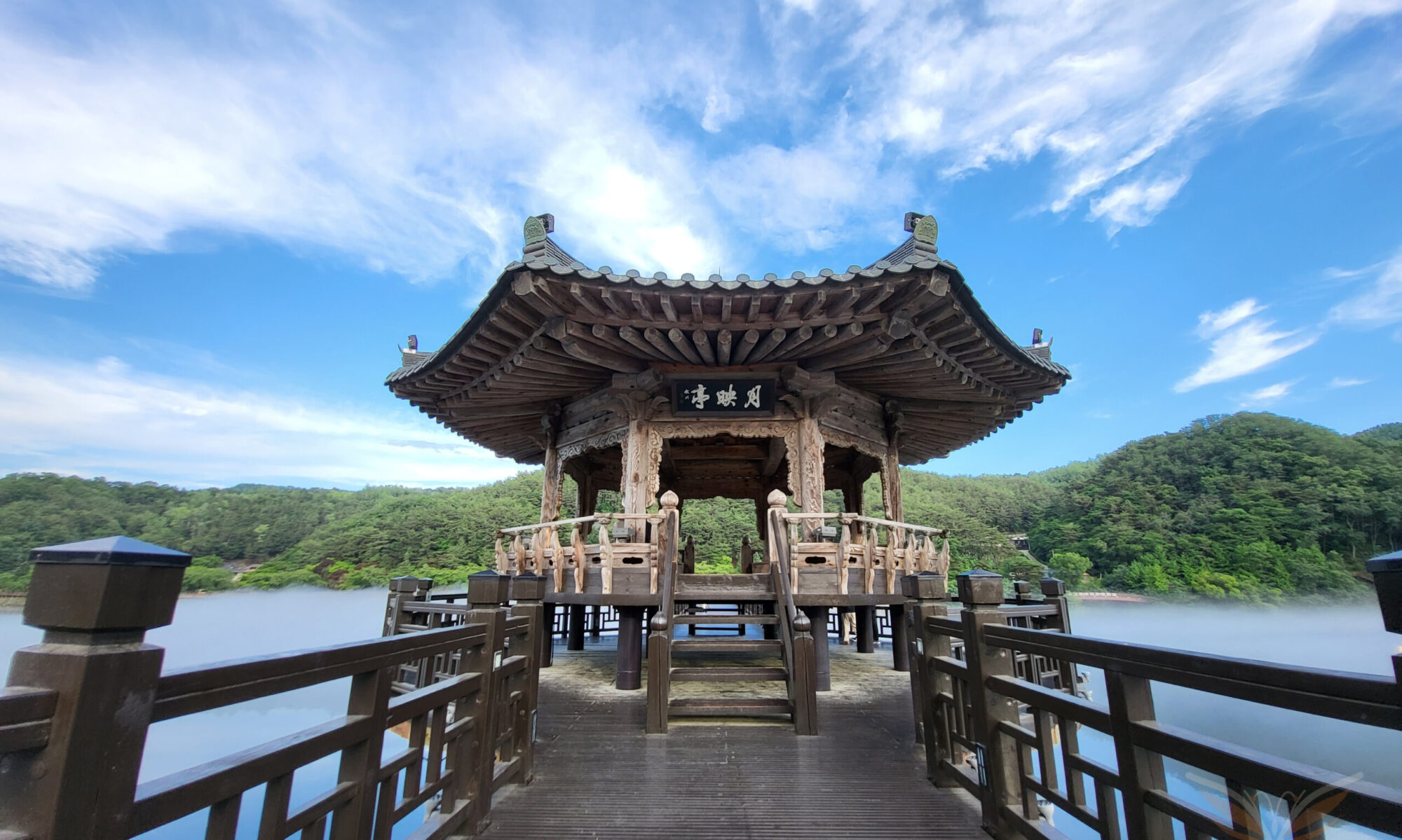 Woryeongjeong Pavilion on the wooden Woryeonggyo Bridge over the water in Andong, South Korea.