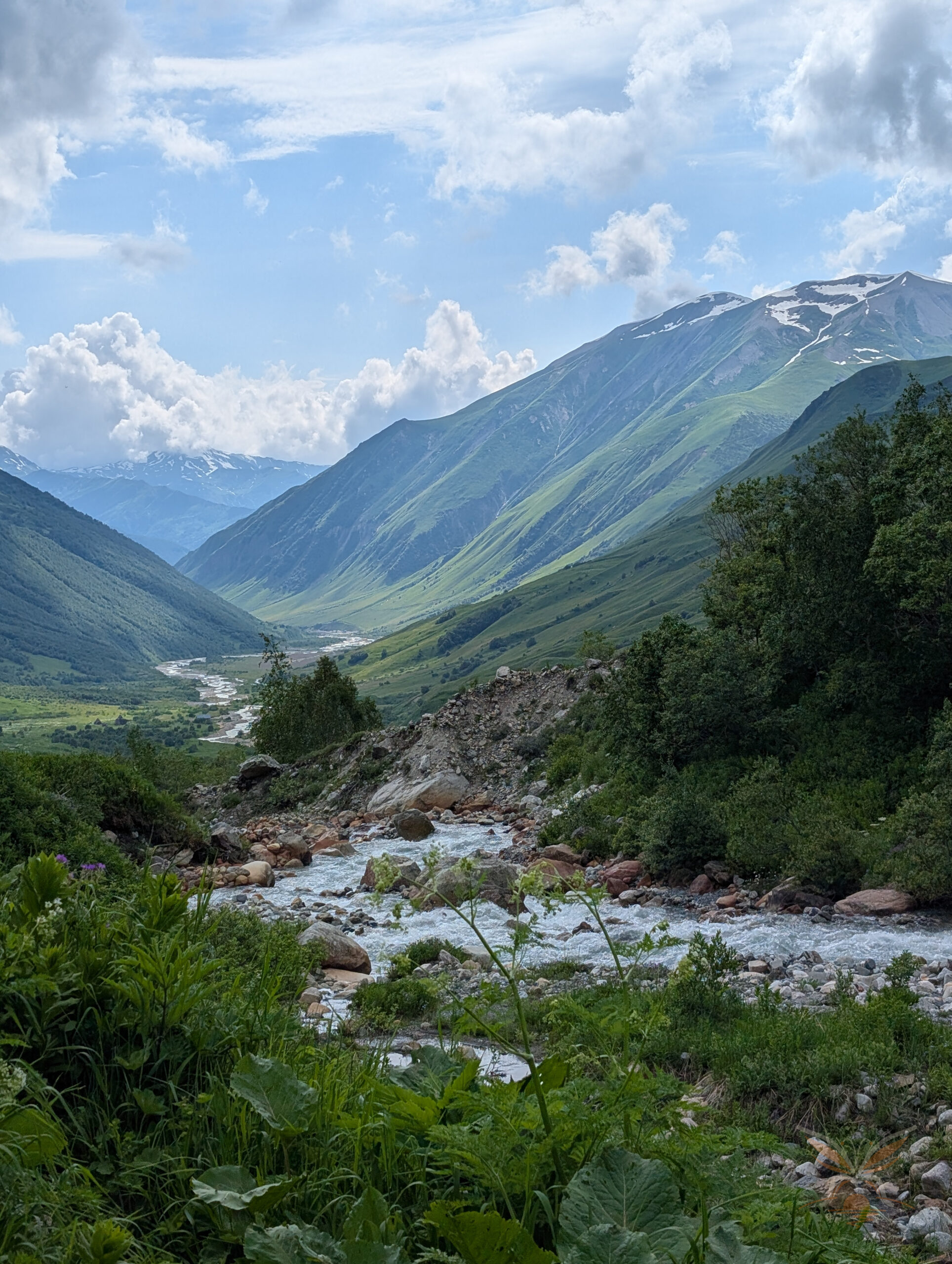Rocky Enguri River flowing through the green Shkhara valley in Svaneti, Georgia.