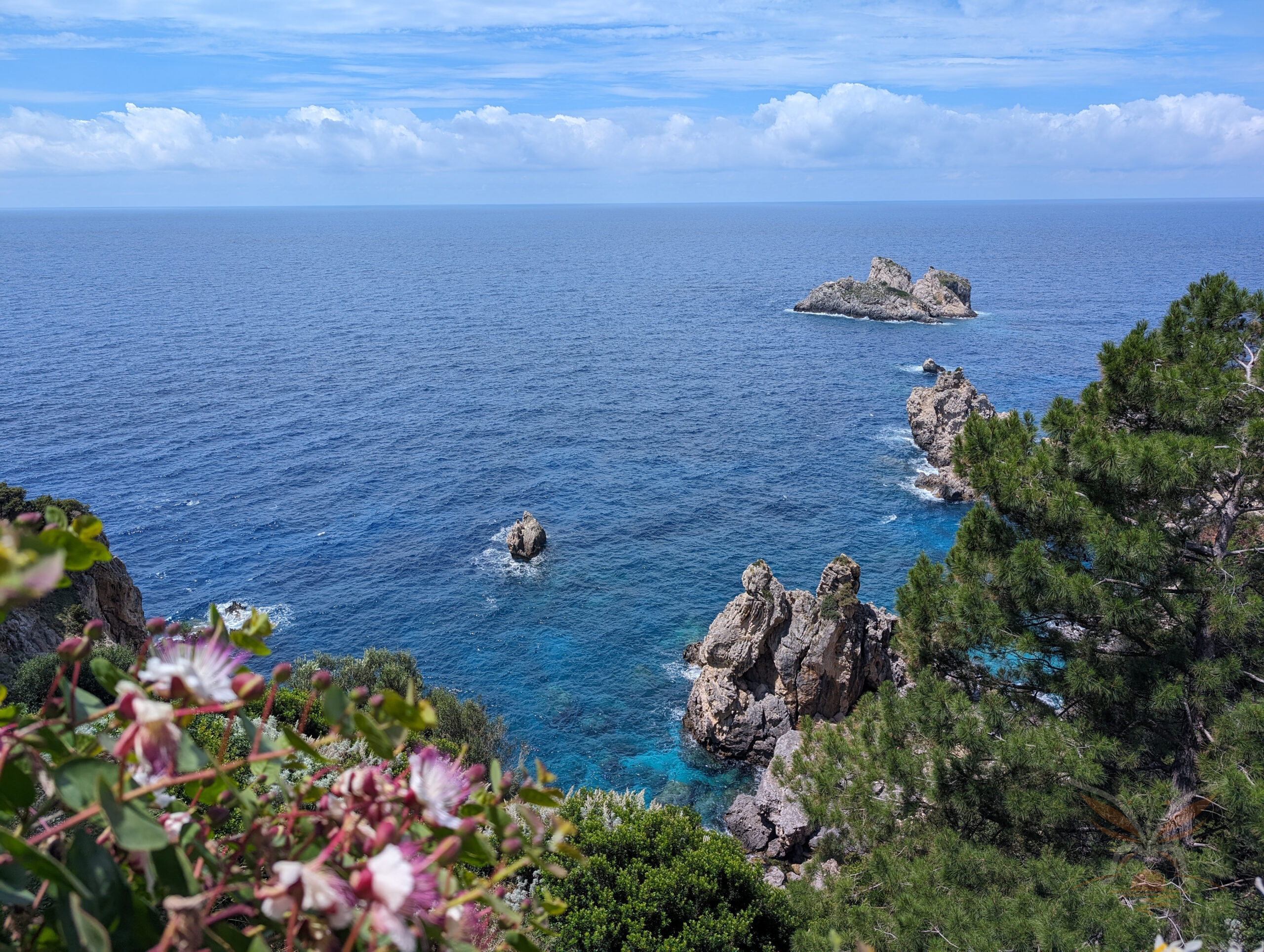 Rocky headlands and small offshore islets rising from the blue Ionian Sea near Paleokastritsa, Corfu.