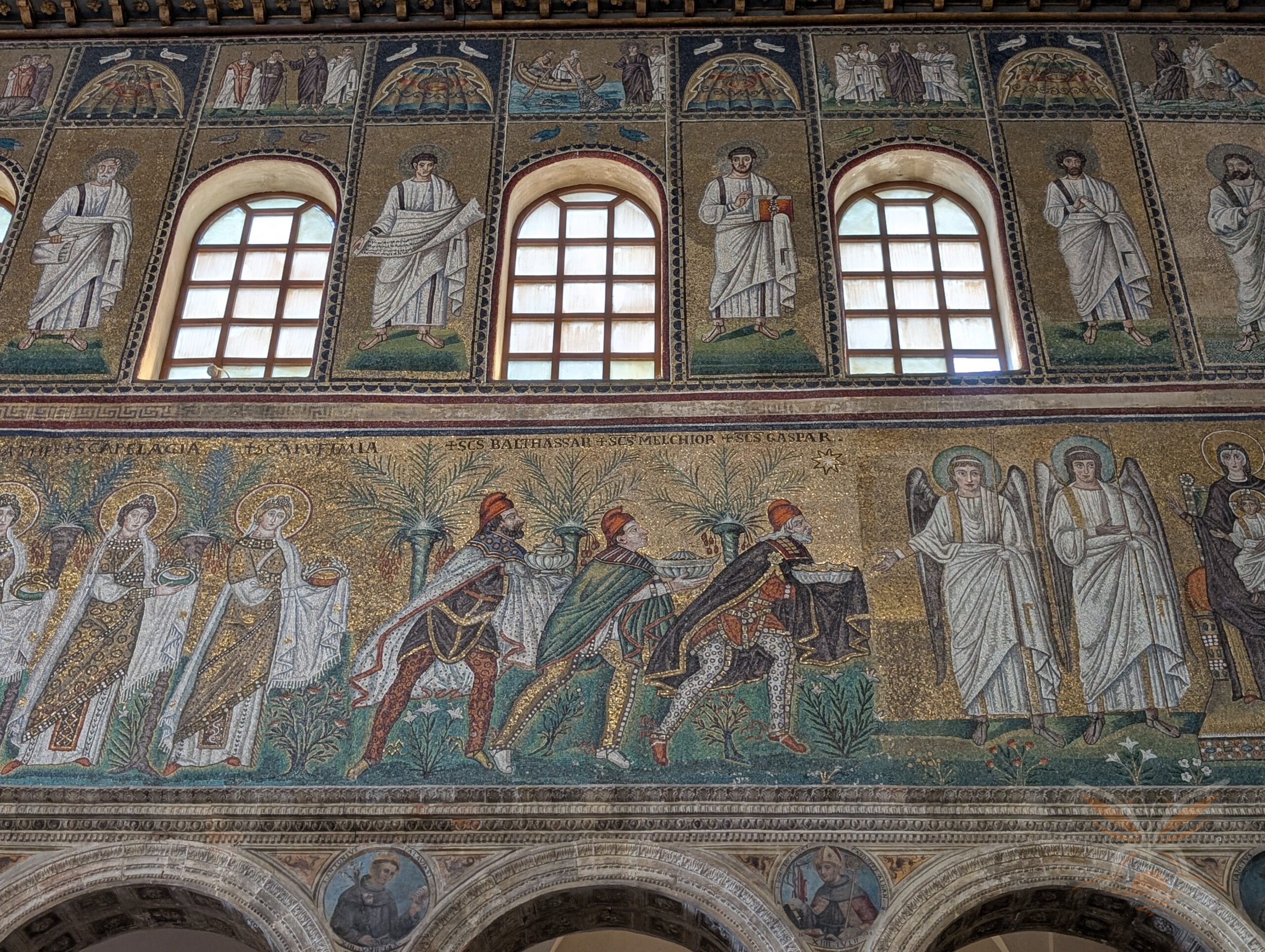 Mosaic procession of the Three Magi and angels inside the Basilica of Sant’Apollinare Nuovo in Ravenna.