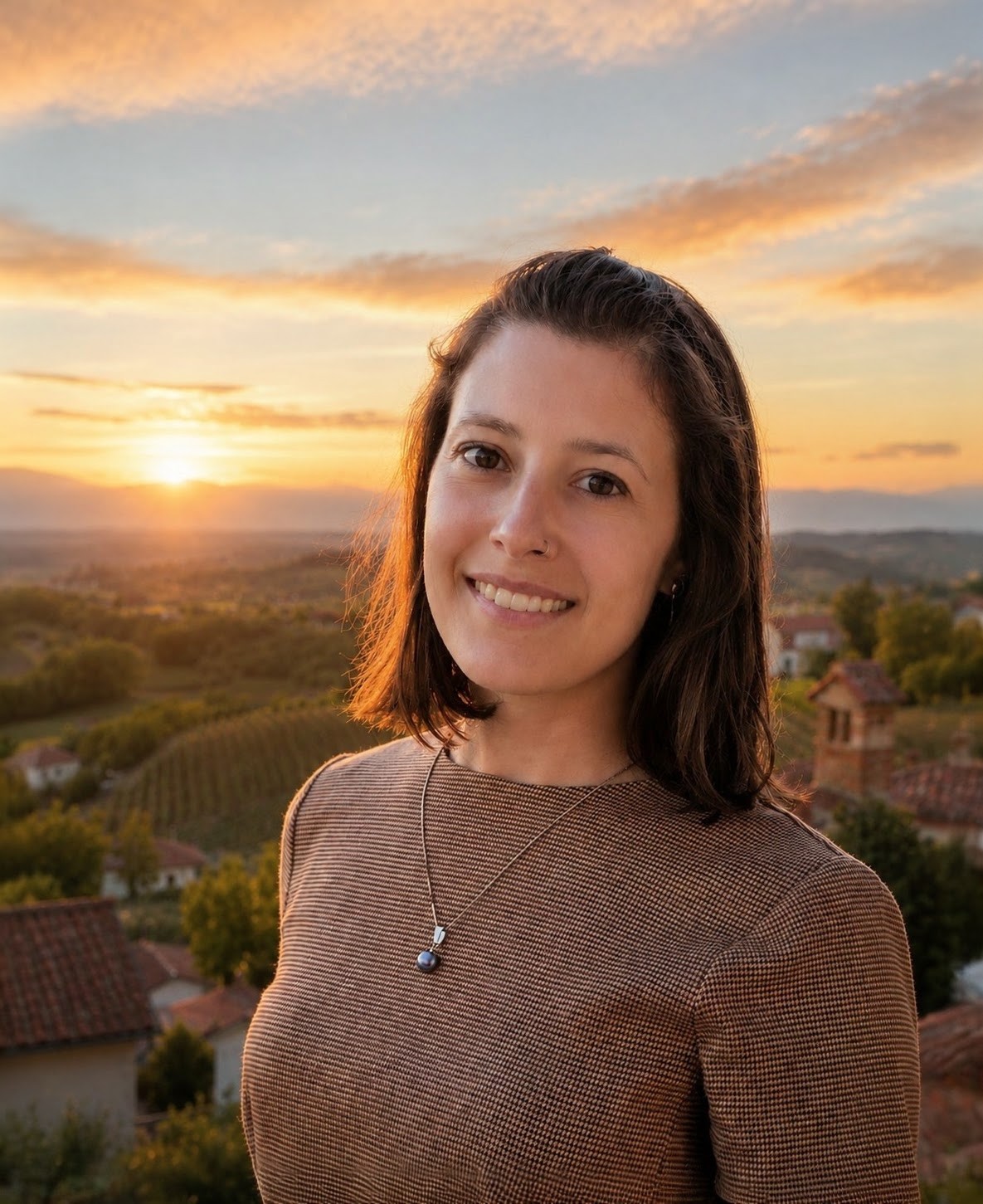 Close portrait of Mariachiara against a softly coloured sky