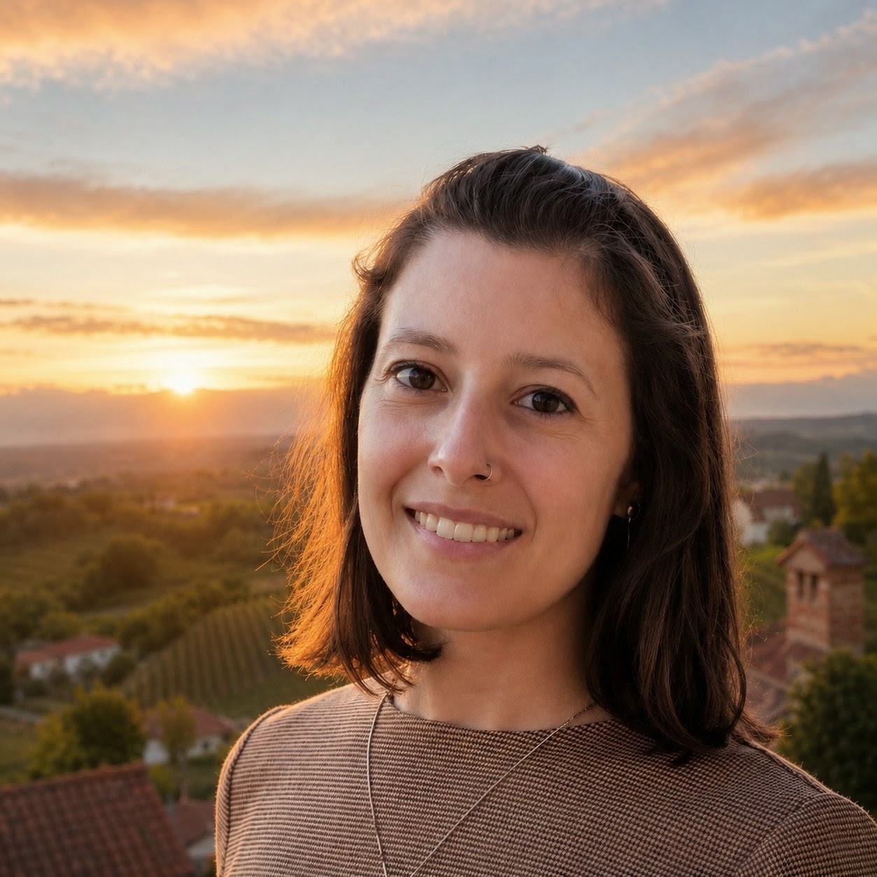 Square portrait of Mariachiara against a softly coloured sky background at sunset.
